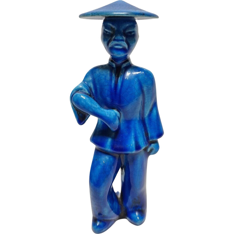Estatua china vintage en cerámica azul, 1970