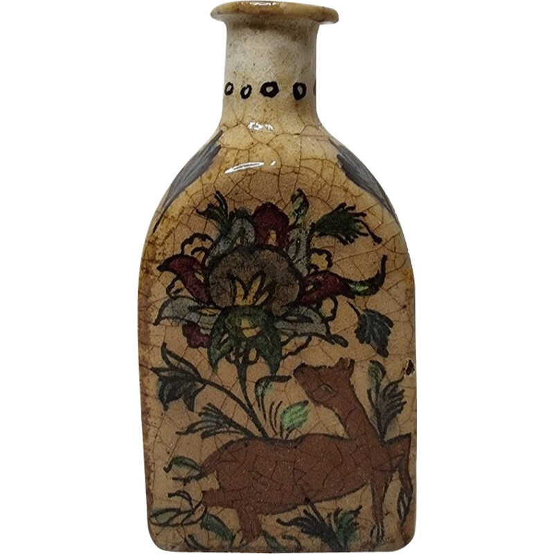 Vintage triangle bottle in Persian stoneware decorated with birds and deer, 1900
