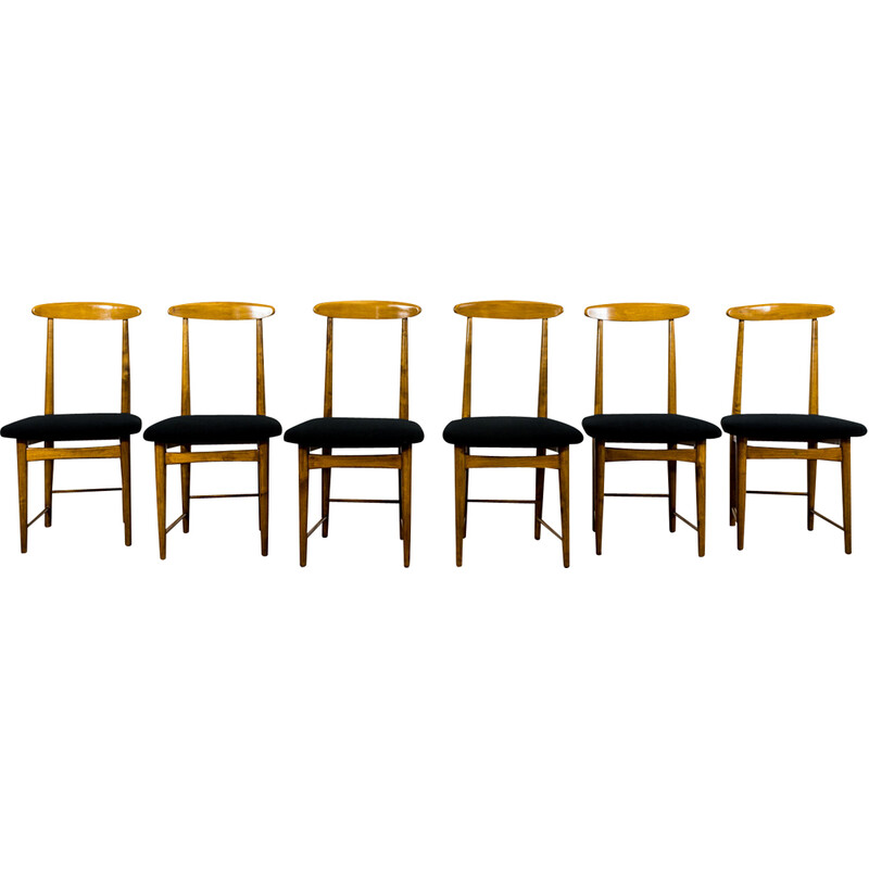 Ensemble de 6 chaises à repas vintage en tissu noir de Bernard Malendowicz, Pologne 1960