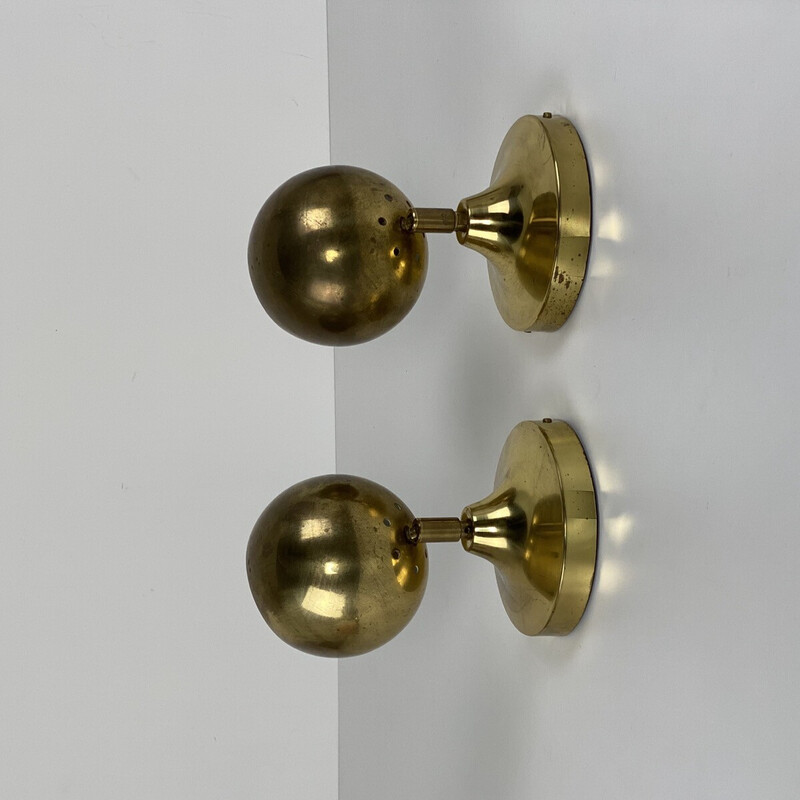 Pair of vintage spherical brass wall lamp for Guzzini, 1970