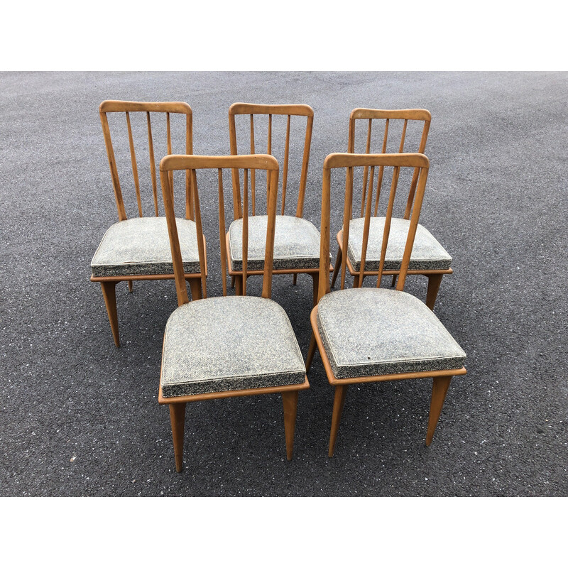 Set of 5 vintage chairs with speckled leatherette seats by Charles Ramos, 1950