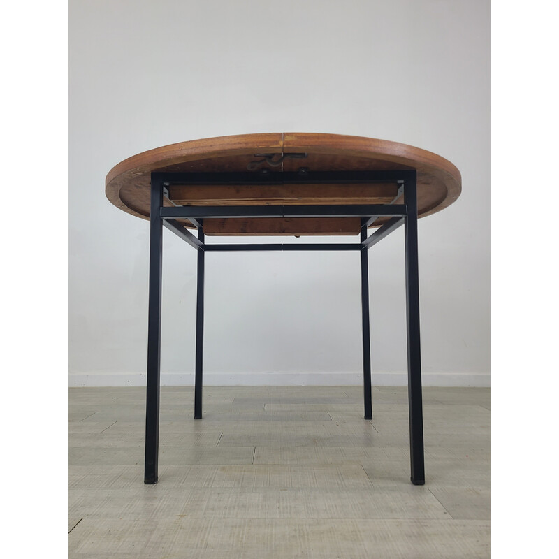 Table à repas vintage ronde en teck et acier noir par Marcel Gascoin, 1960