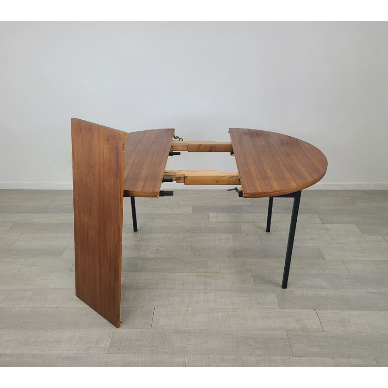 Mesa de comedor redonda vintage de teca y acero negro de Marcel Gascoin, 1960