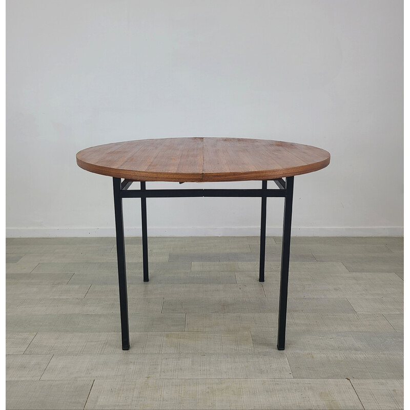 Vintage round dining table in teak and black steel by Marcel Gascoin, 1960