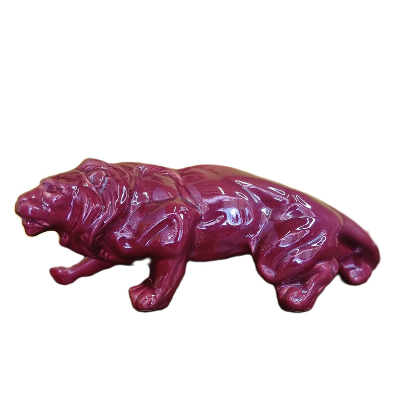 Vintage Art Deco lion sculpture in red enameled ceramic, France 1930