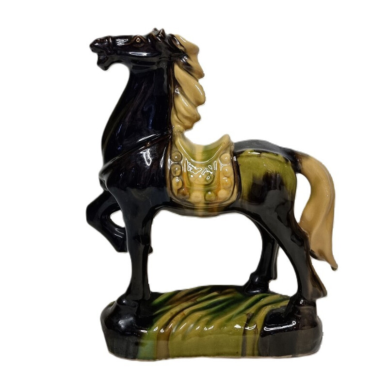 Escultura de caballo Tang vintage en cerámica esmaltada, 1980