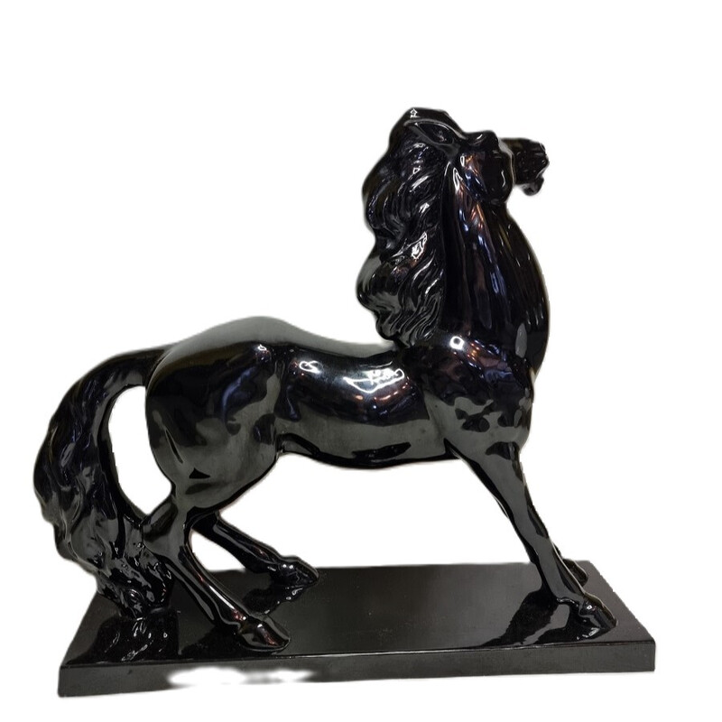 Vintage Art Deco horse statue in black glazed ceramic for Charles Lemanceau, France 1930