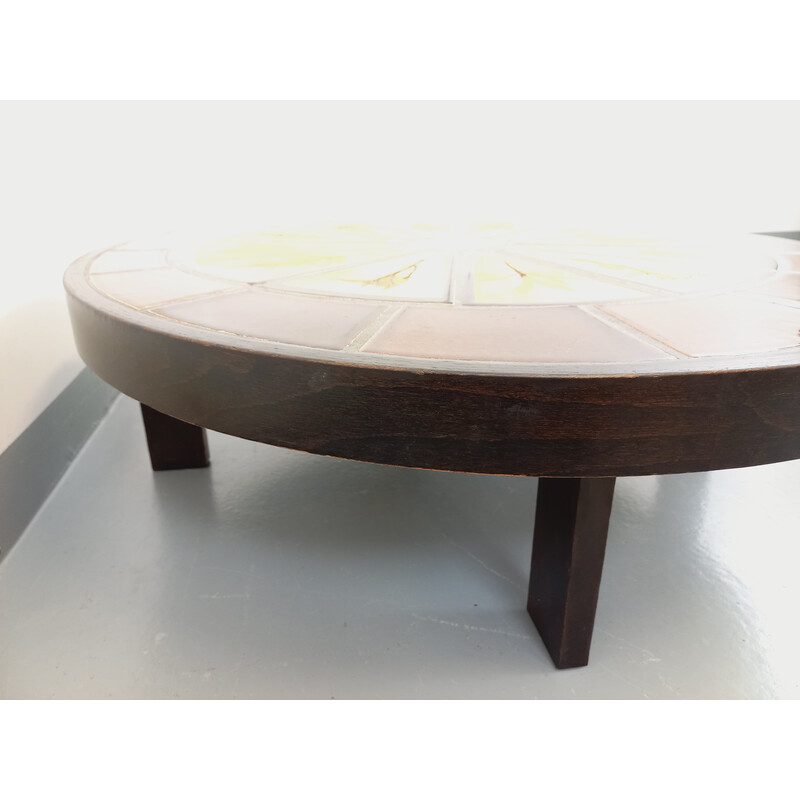 Vintage oval dark wood and ceramic coffee table by Roger Capron, 1970