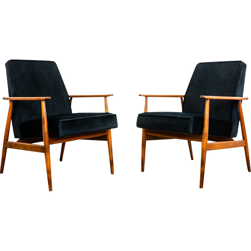 Paar Vintage-Sessel aus Massivholz und schwarzem Stoff von H. Lis, Polen 1960