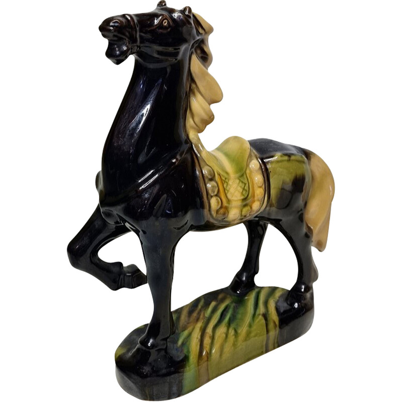 Escultura de caballo Tang vintage en cerámica esmaltada, 1980