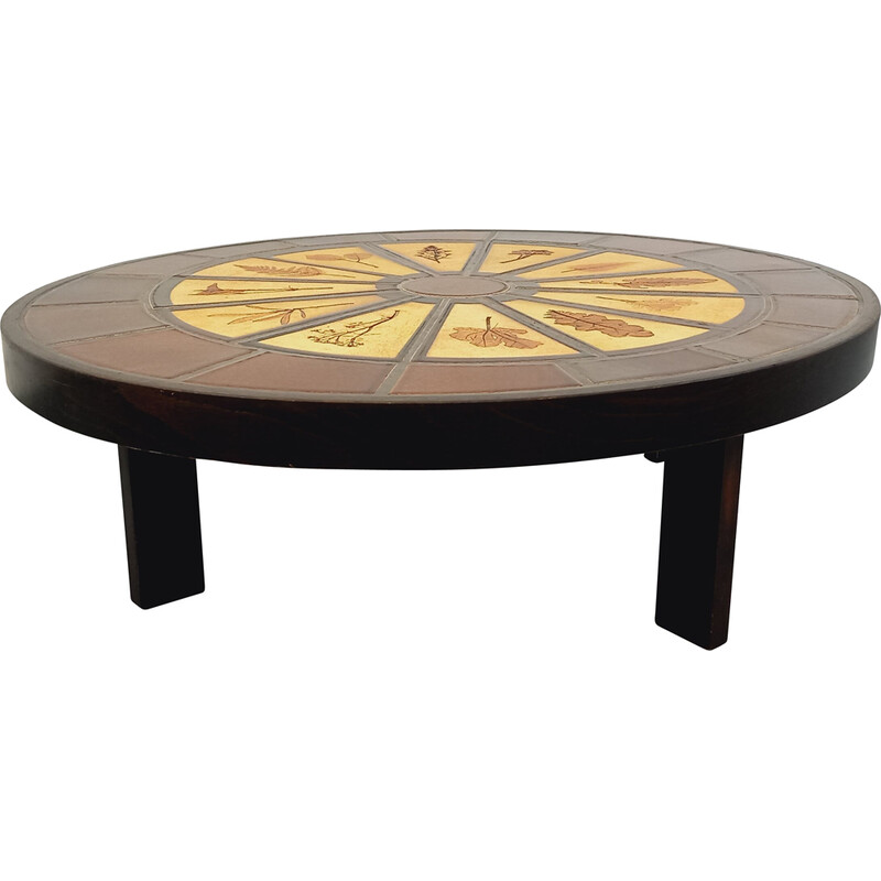 Vintage oval dark wood and ceramic coffee table by Roger Capron, 1970
