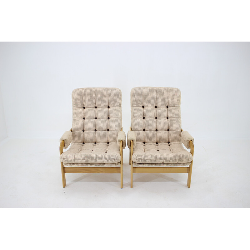Pair of vintage high-backed beech armchairs, Czechoslovakia 1970