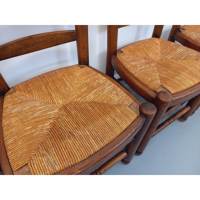 Conjunto de 4 cadeiras vintage em madeira e palha de Charles Dudouyt, 1960