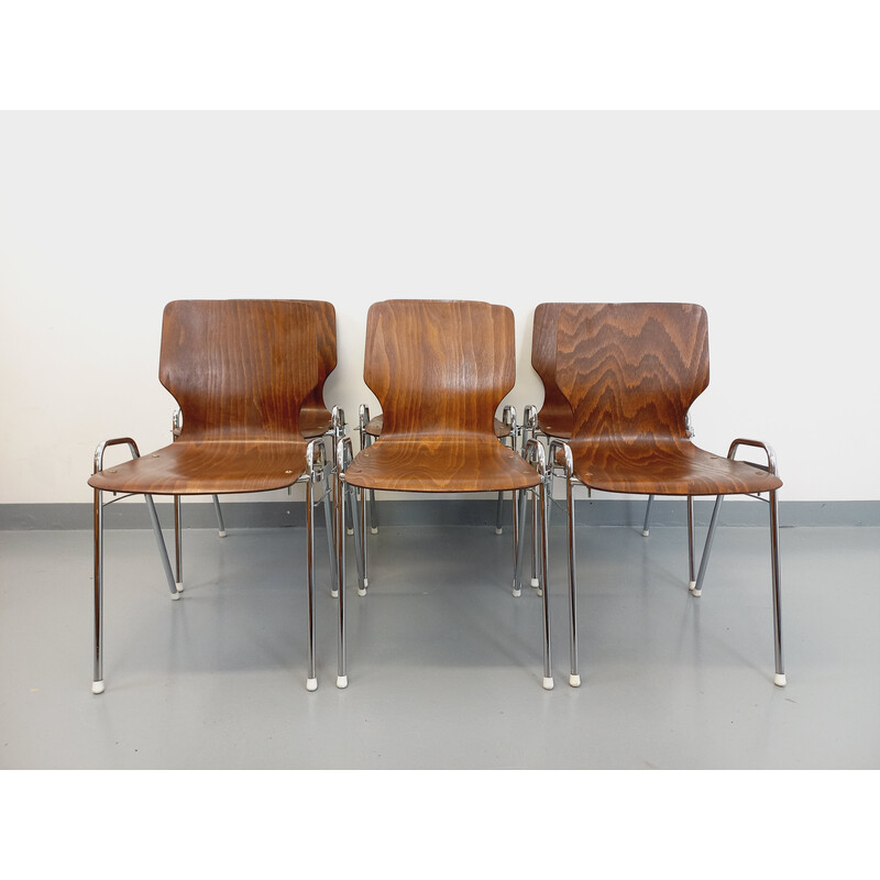 Set of 6 vintage stackable chairs in wood and metal for Baumann, 1970