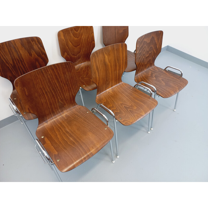 Ensemble de 6 chaises vintage empilables en bois et métal pour Baumann, 1970