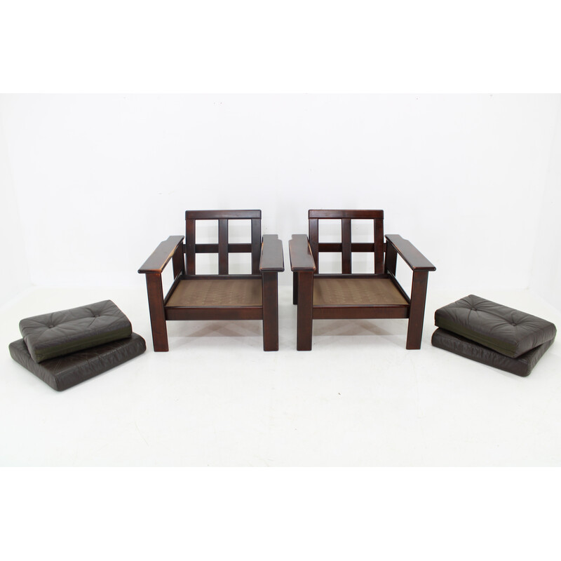 Pair of vintage beech and leather armchairs for Lepofinn, Finland 1970