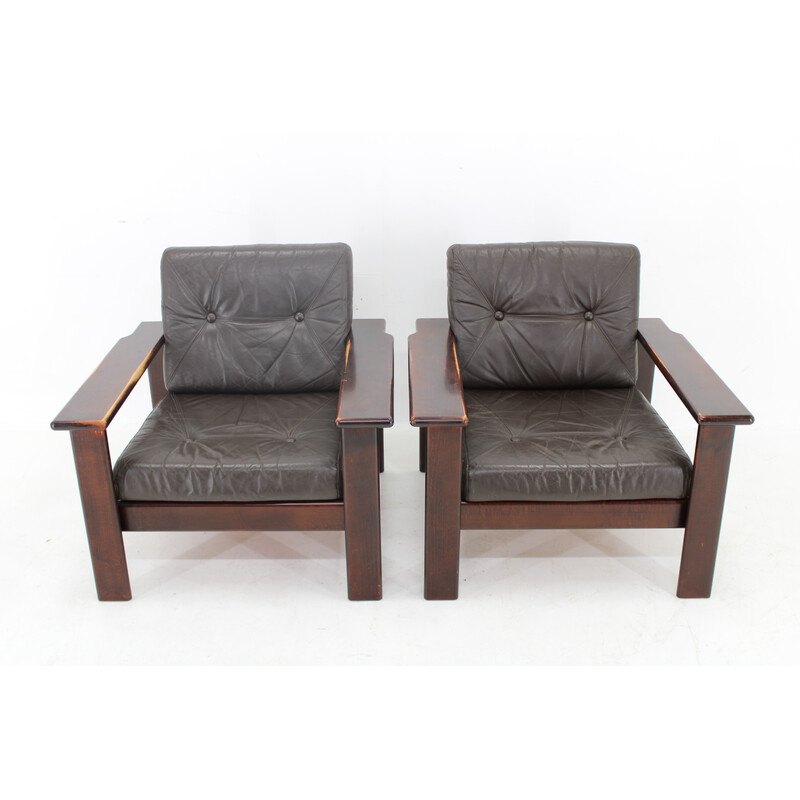 Pair of vintage beech and leather armchairs for Lepofinn, Finland 1970
