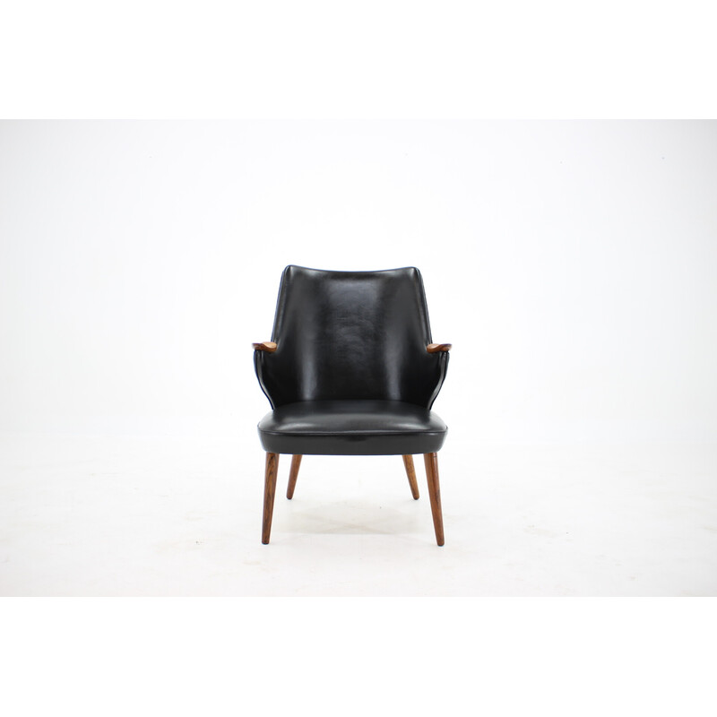 Vintage armchair in wood and black faux leather by Erling Olsen, Denmark 1970