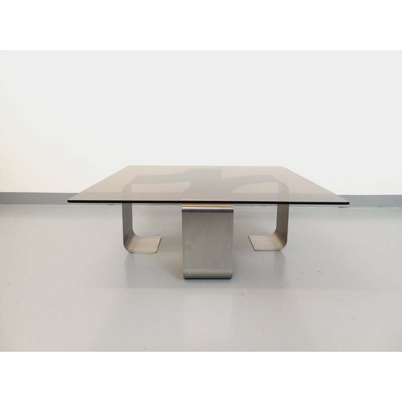 Table basse vintage rectangulaire en acier et verre fumé de Francois Monnet, 1970
