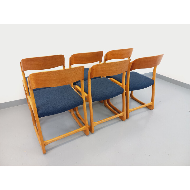 Set of 6 vintage sled chairs in wood and French terry fabric for Baumann, 1970