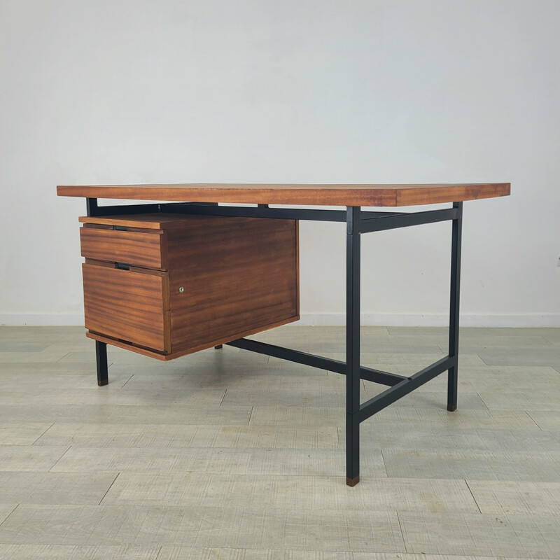 Vintage model 590 bureau in zwart staal en mahoniefineer van Pierre Guariche voor Minvielle, 1960