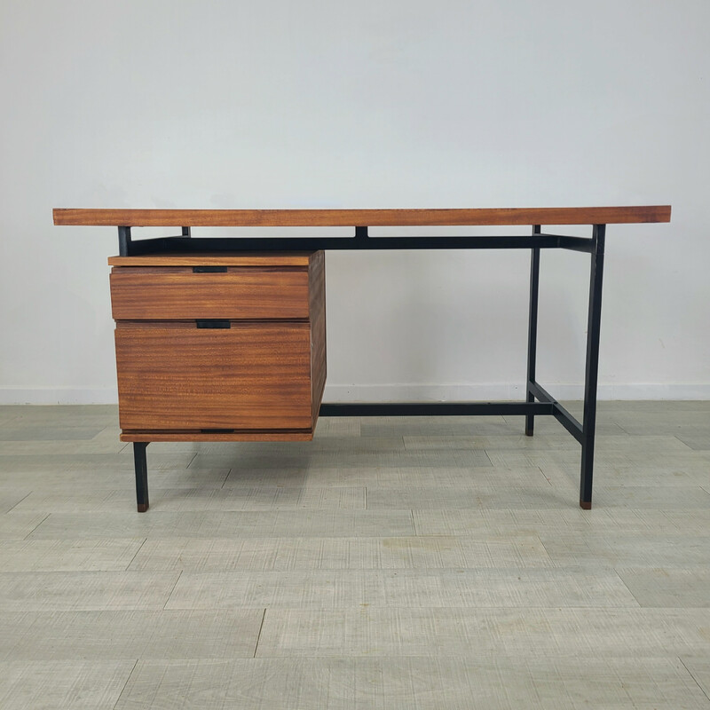 Vintage model 590 desk in black steel and mahogany veneer by Pierre Guariche for Minvielle, 1960