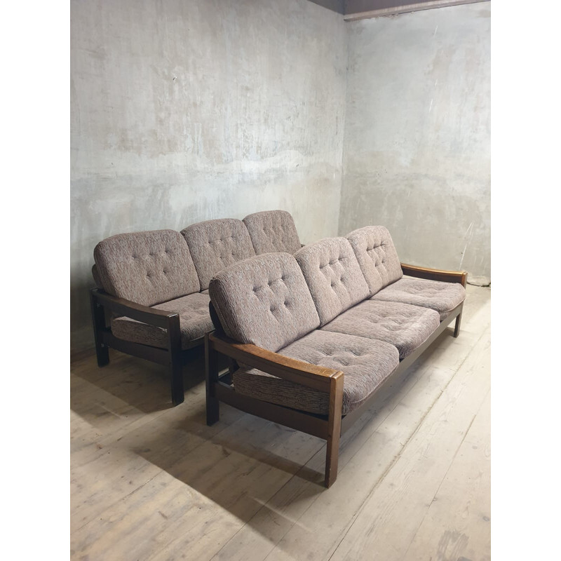 Paar 3-Sitzer-Sofas aus Buchenholz und Stoff, 1980