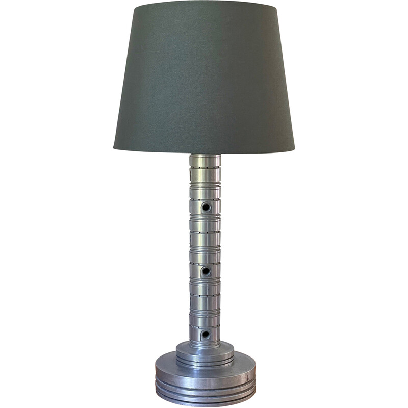 Vintage Space Age industrial lamp in polished metal and khaki fabric