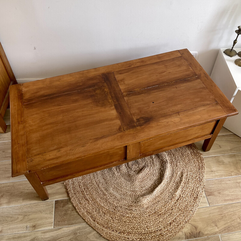 Mesa de centro vintage de madera maciza con 2 cajones