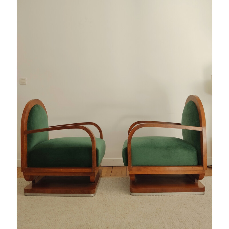 Pair of vintage Art Deco armchairs in wood and green velvet