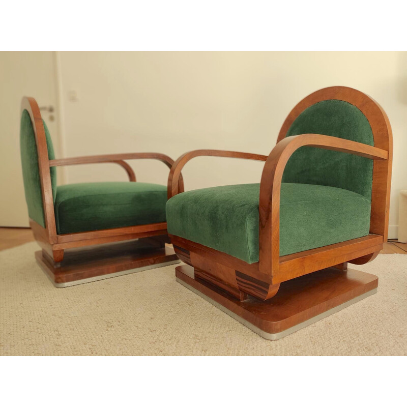 Paire de fauteuils vintage Art déco en bois et velours vert