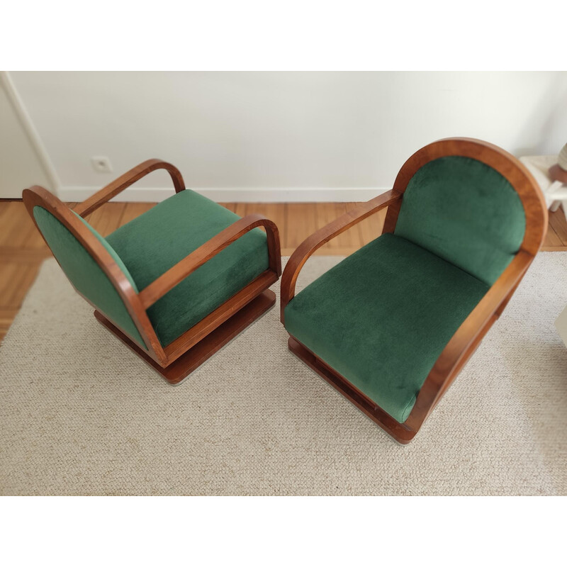 Pareja de sillones Art Decó vintage en madera y terciopelo verde