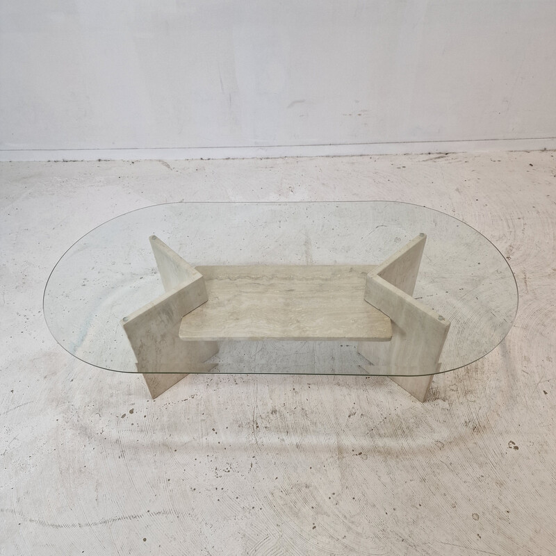 Vintage travertine and glass coffee table, Italy 1980