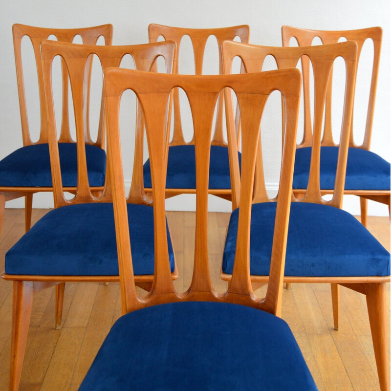 Ensemble de 6 chaises vintage Art Déco en bois de cerisier de Gaston Poisson, France 1950