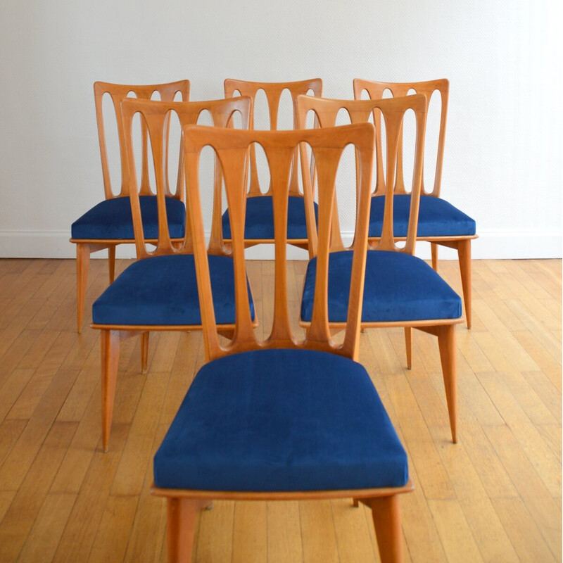 Set of 6 vintage Art Deco chairs in cherry wood by Gaston Poisson, France 1950