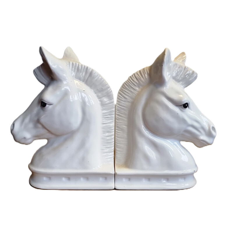 Pair of vintage ceramic bookends in the shape of a horse's head, 1970