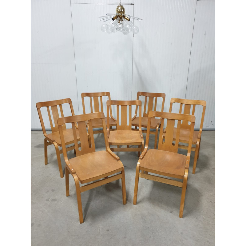 Set of 30 vintage dining chairs in curved plywood and beech veneer for Ton, Czechoslovakia 1970