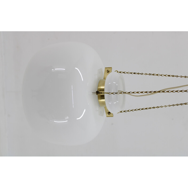 Pair of vintage pendant lamp in opaline glass and brass, 1970