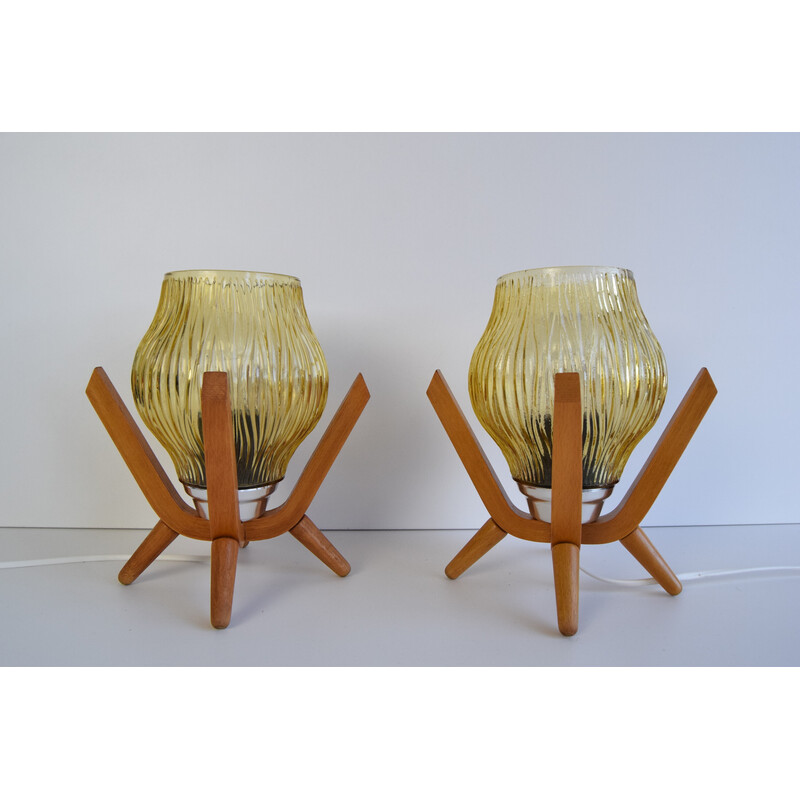 Paire de lampes de table vintage en verre et bois par Dřevo Humpolec, 1970