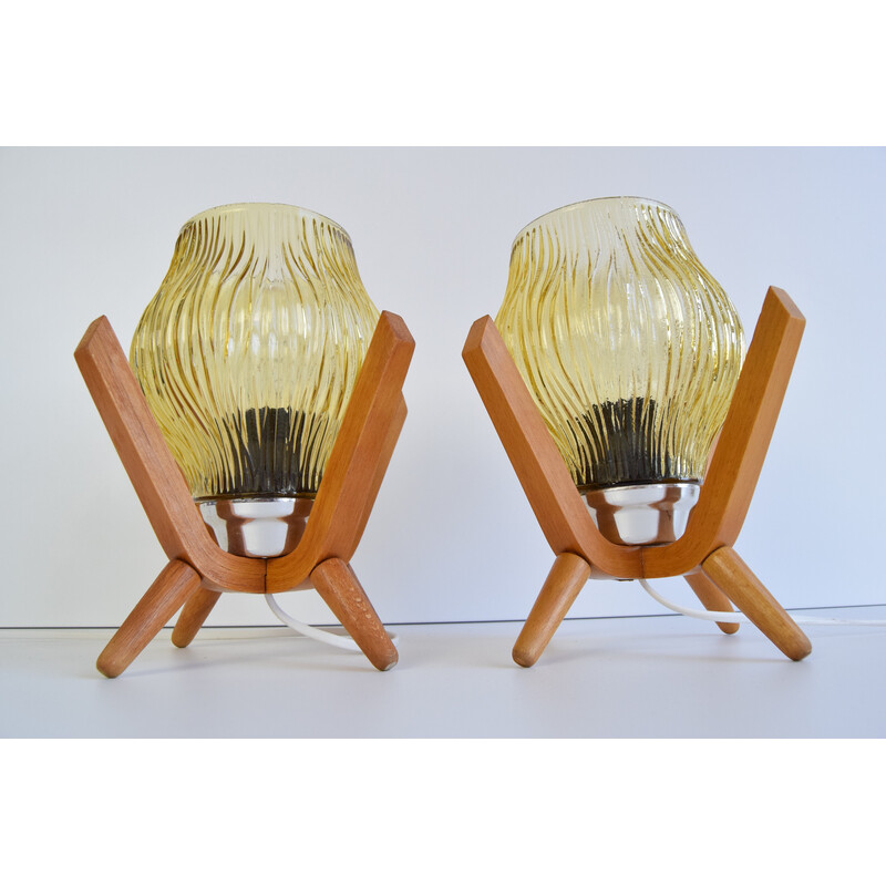 Pair of vintage glass and wood table lamps by Dřevo Humpolec, 1970