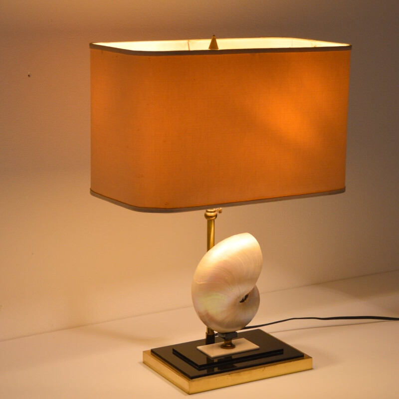 Lampe de table vintage ornée d'une coquille de nautilus nacrée pour Maison Rougier, 1970