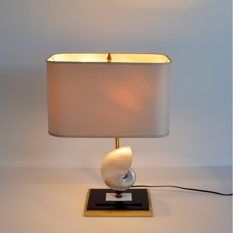 Vintage table lamp decorated with a pearly nautilus shell for Maison Rougier, 1970