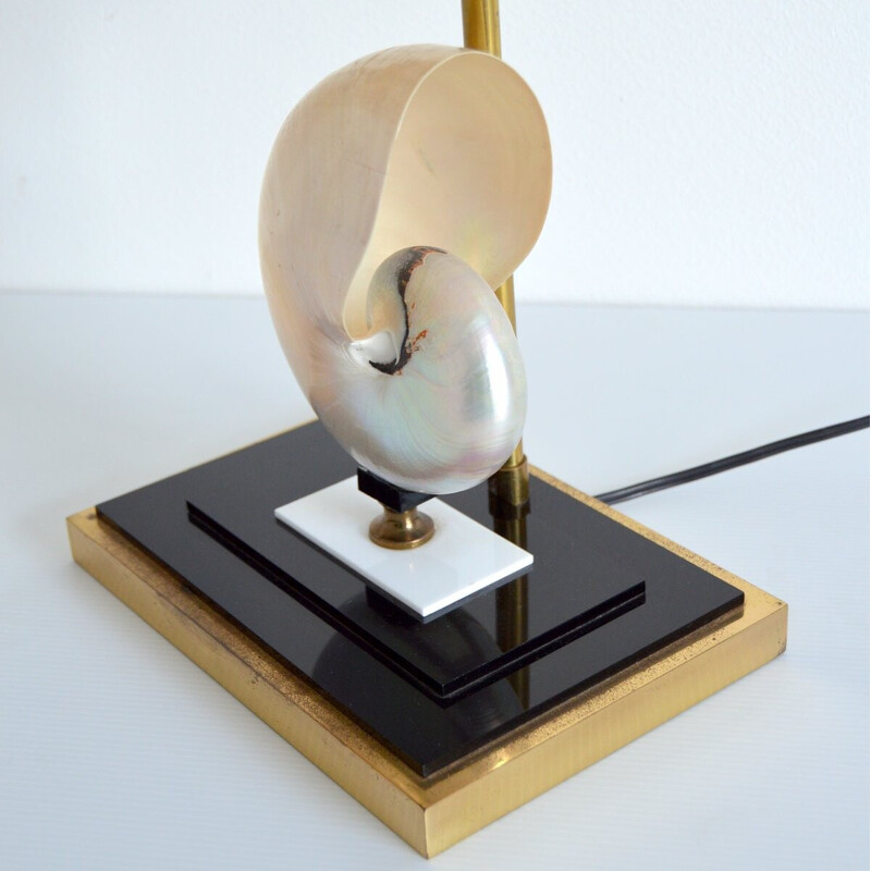 Lampe de table vintage ornée d'une coquille de nautilus nacrée pour Maison Rougier, 1970