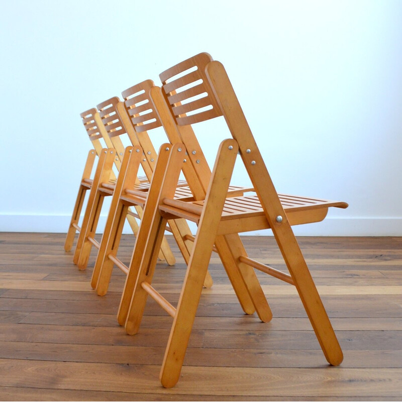Lot de 4 chaises vintage pliantes en bois, Pays-Bas 1970