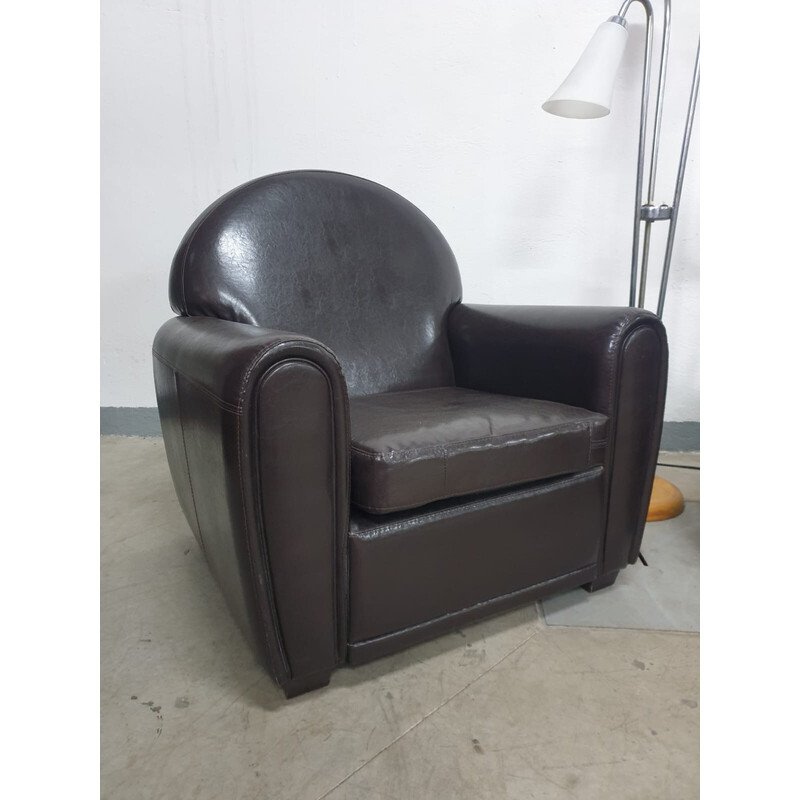Pair of vintage "Club" armchairs in black leather, Europe 1970