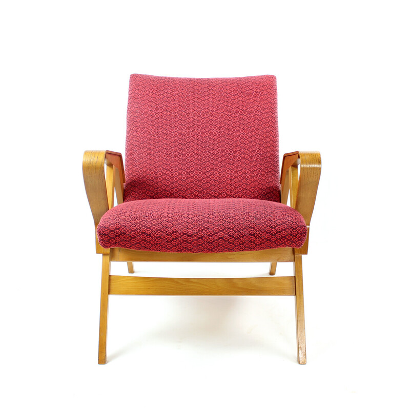 Vintage fauteuil in roze stof en eikenhout voor Tatra, Tsjecho-Slowakije 1960