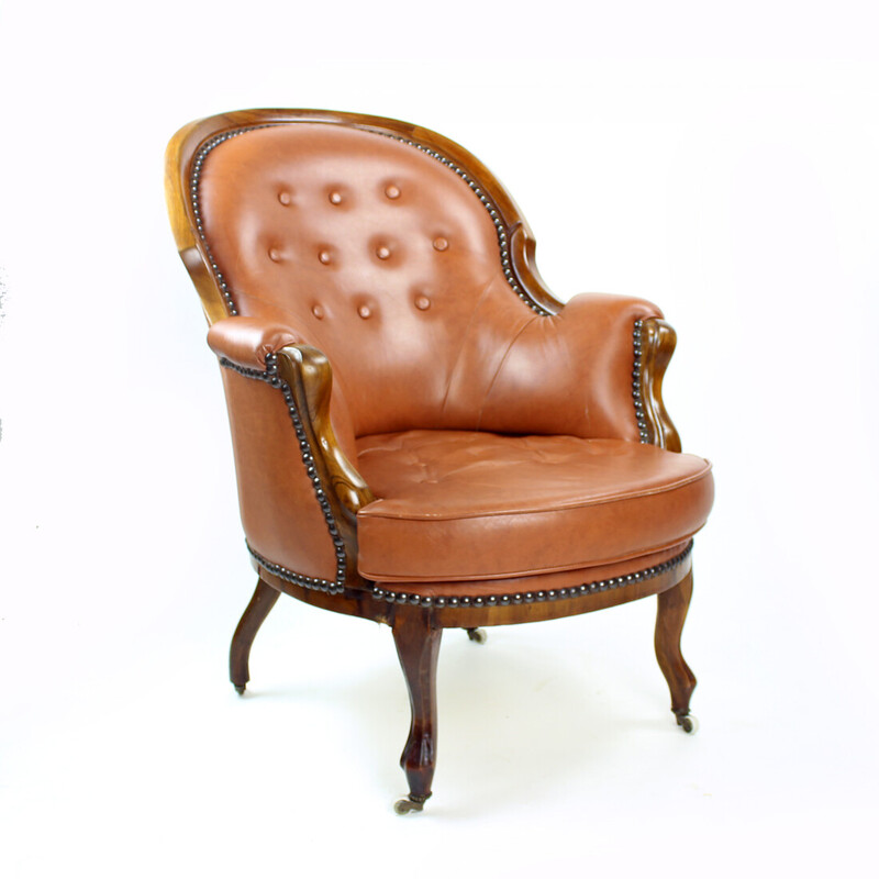 Vintage armchair in cognac and walnut leather, Czechoslovakia 1940
