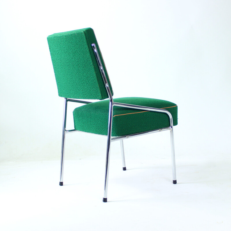 Set of 4 vintage dining chairs in chrome steel and green fabric, 1950