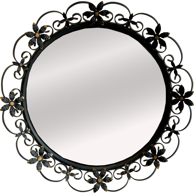 Round convex vintage mirror with a decorative metal frame