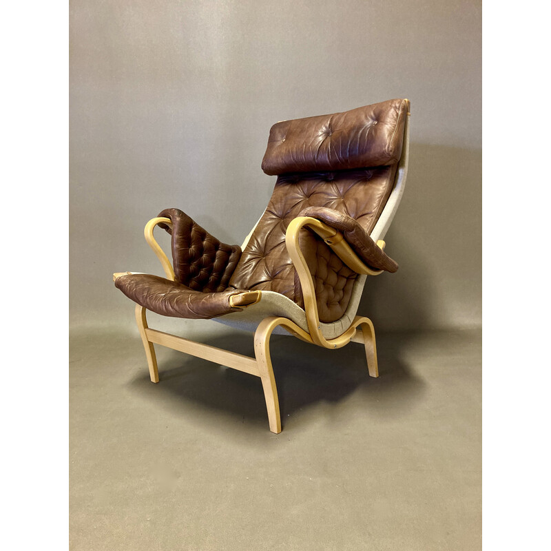 Pernilla" vintage fauteuil in beukenhout en leer van Bruno Mathsson voor Dux, 1960